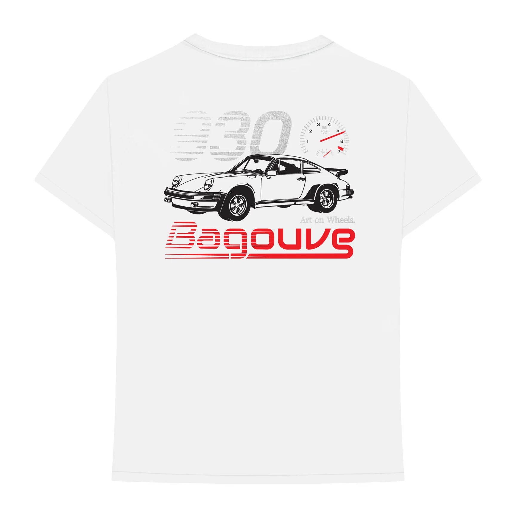 White t-shirt by Bagouve featuring a sleek graphic inspired by the iconic Porsche 930, perfect for car enthusiasts and collectors of automotive fashion.